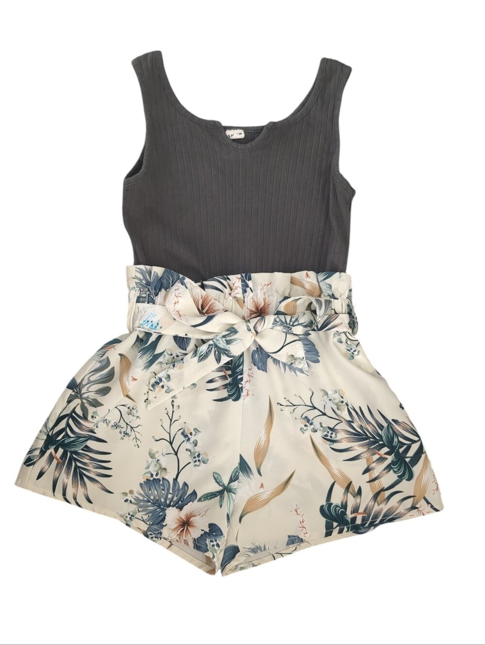 Girls' Tropical Print Notched Neckline Belted Tank Romper